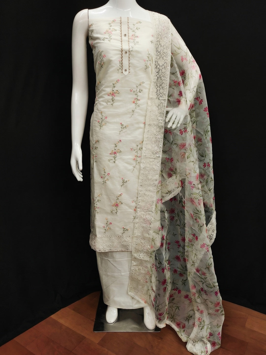 Off White Sequins Floral Embroidered Chanderi Dress Material - Image 1