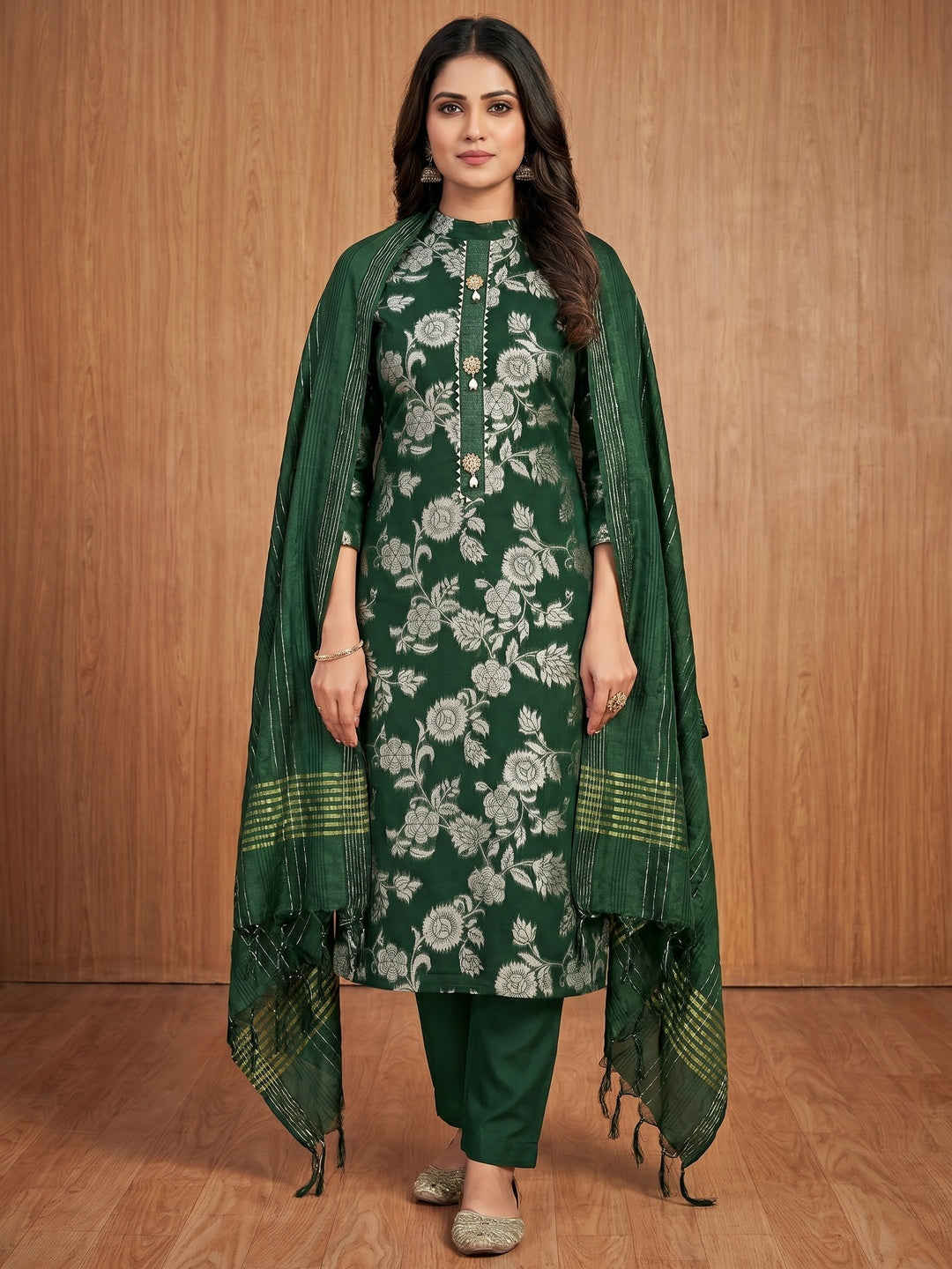 Green Floral Woven Modal Dress Material - Image 1