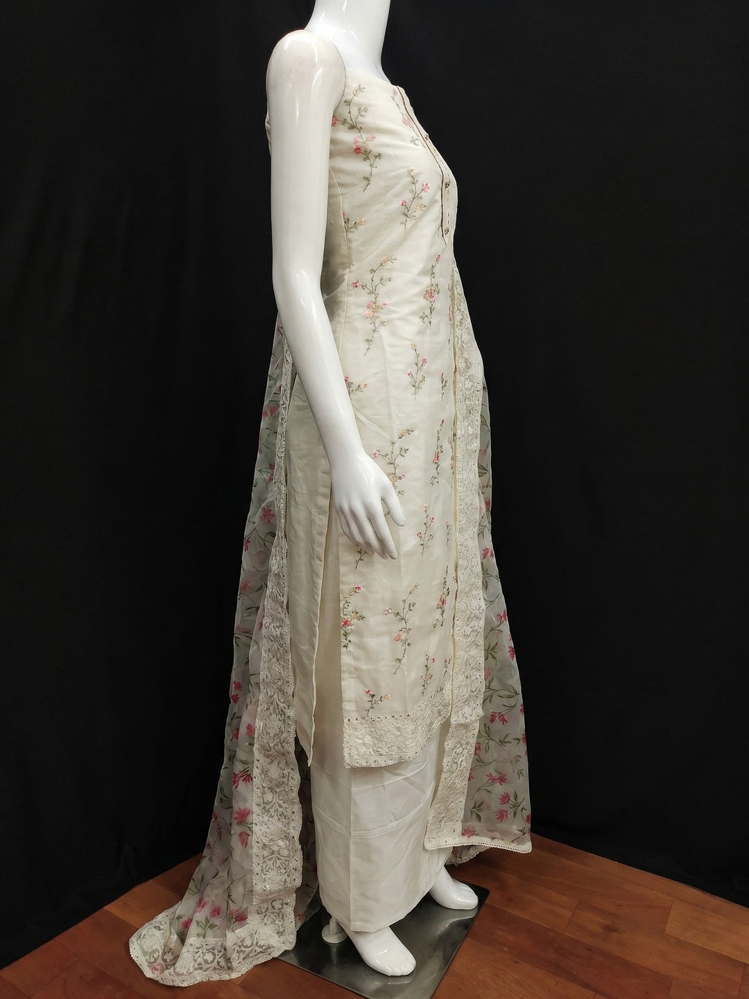 Off White Sequins Floral Embroidered Chanderi Dress Material - Image 2