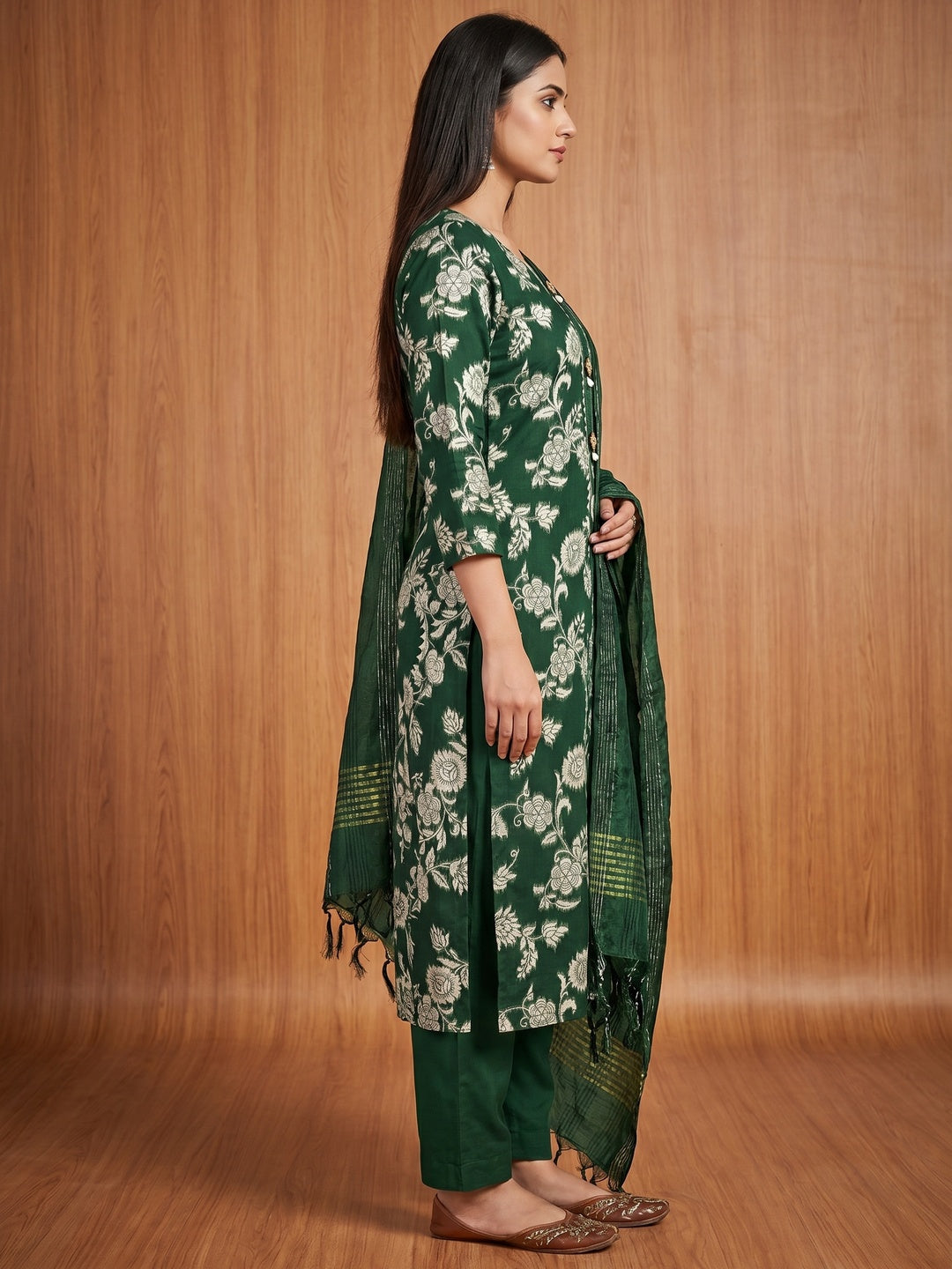 Green Floral Woven Modal Dress Material - Image 3