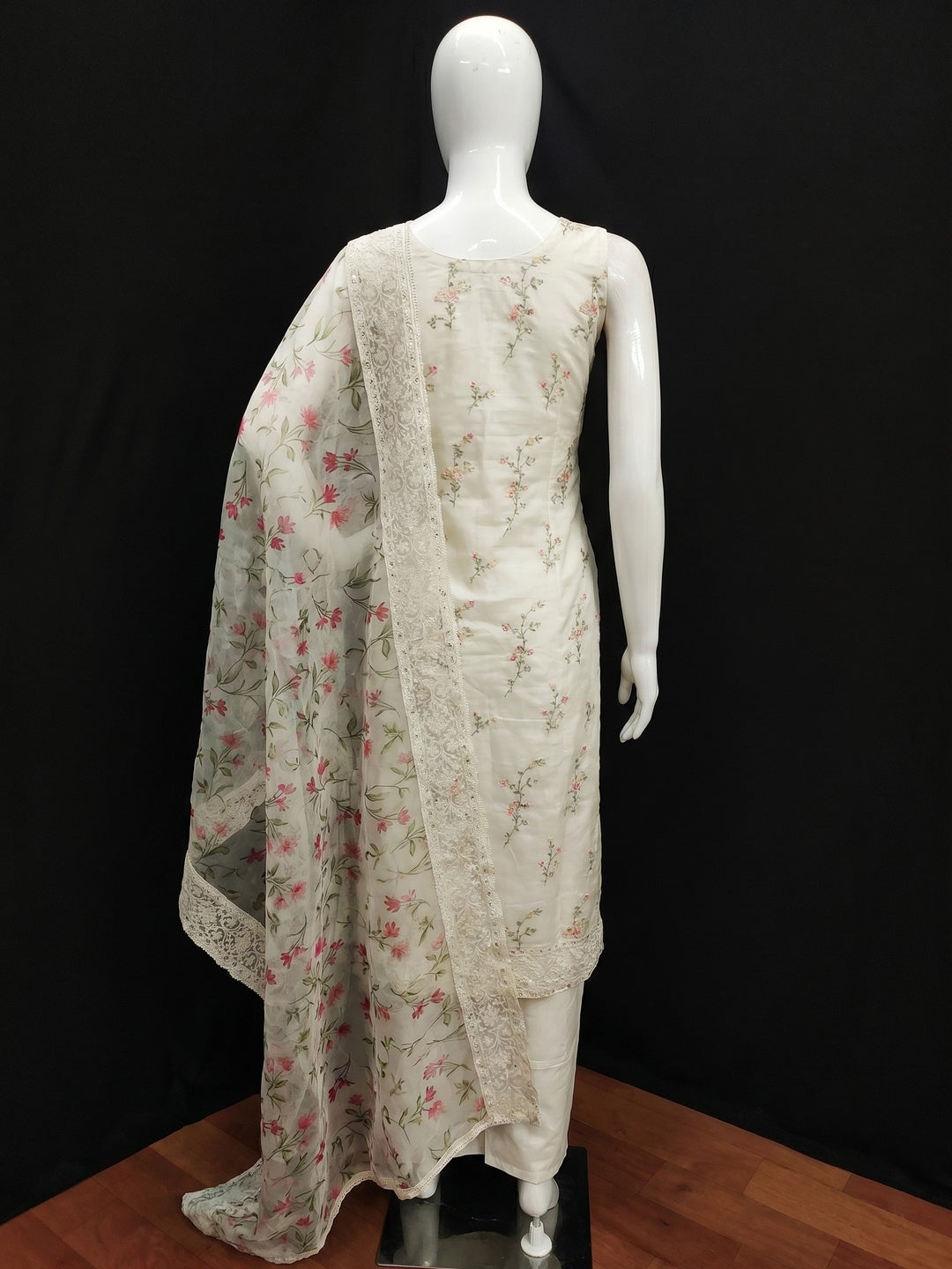 Off White Sequins Floral Embroidered Chanderi Dress Material - Image 3