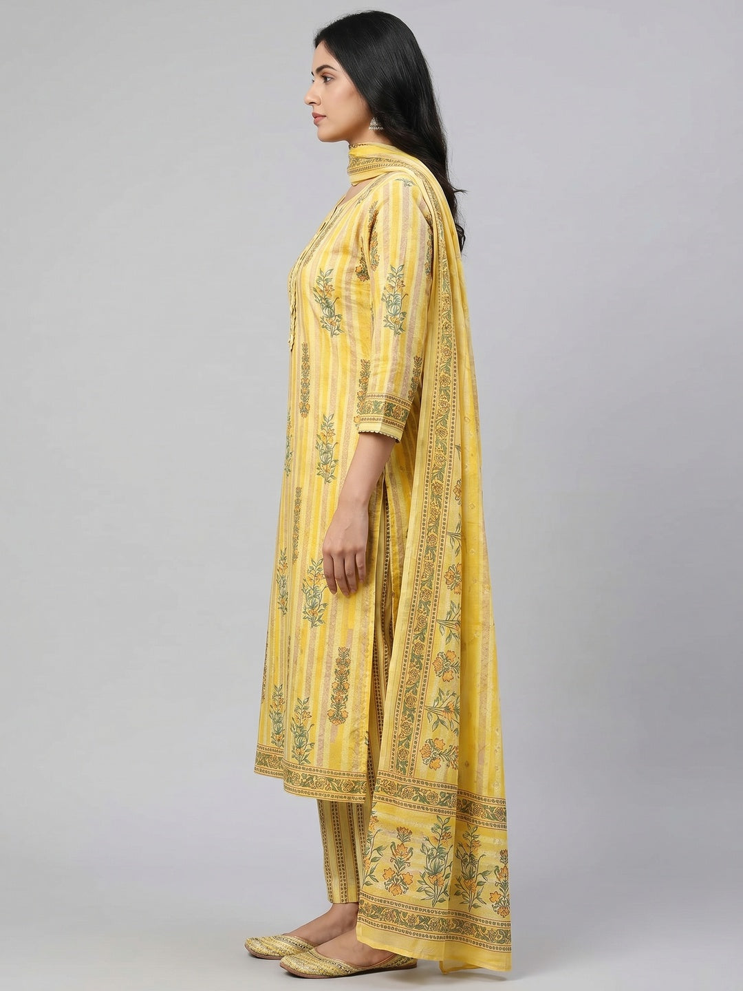 Yellow Floral Printed Pure Cotton Dress Material - Image 2