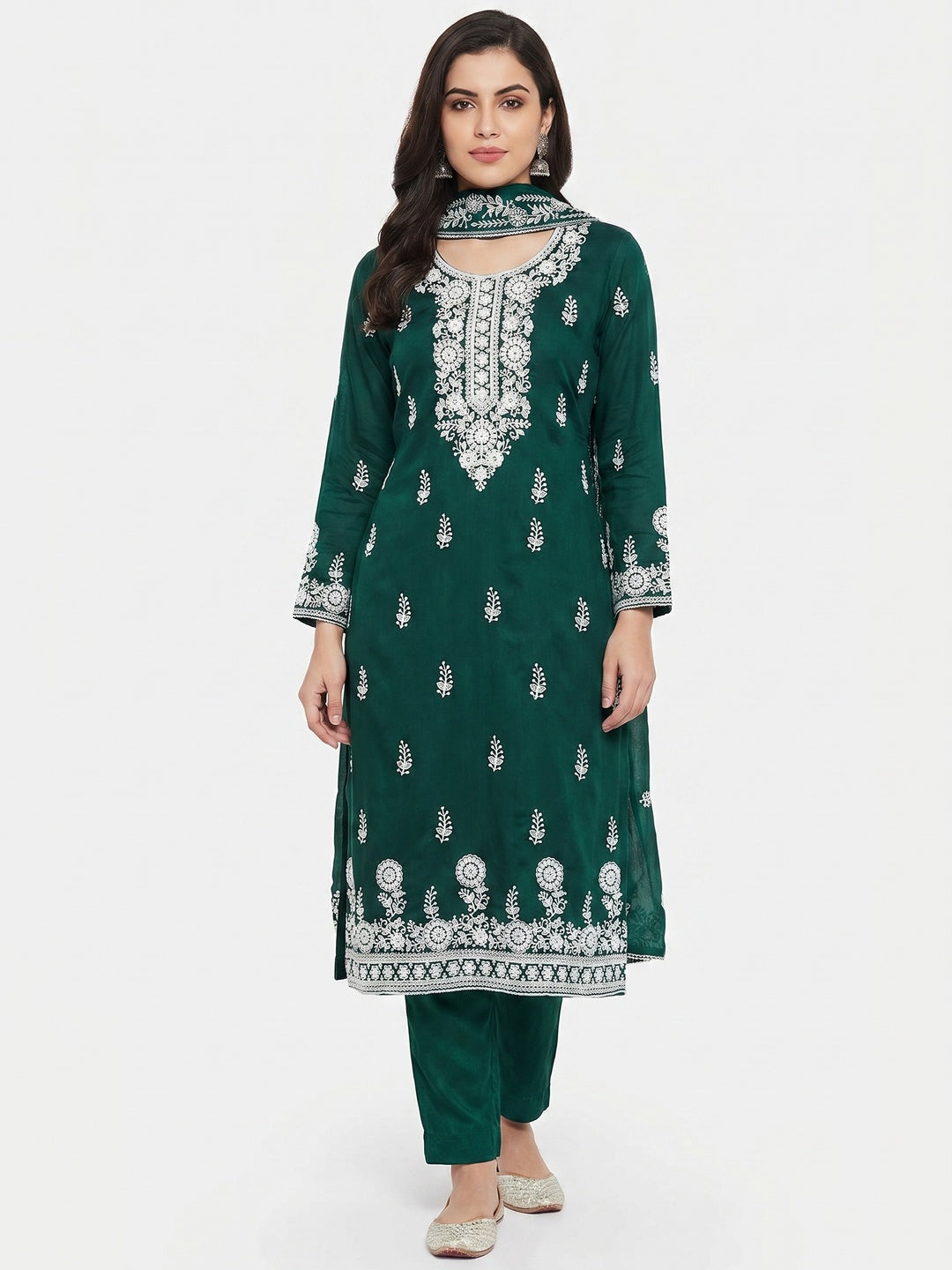 Green Floral Embroidered Modal Dress Material - Image 1