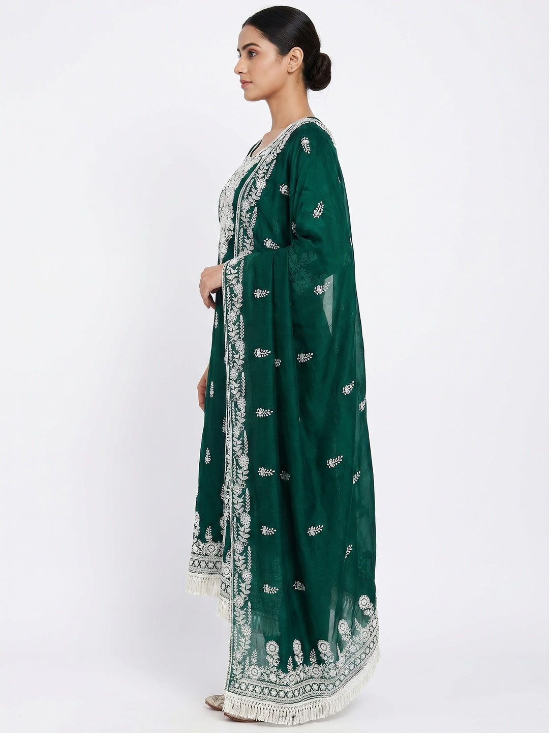 Green Floral Embroidered Modal Dress Material - Image 2