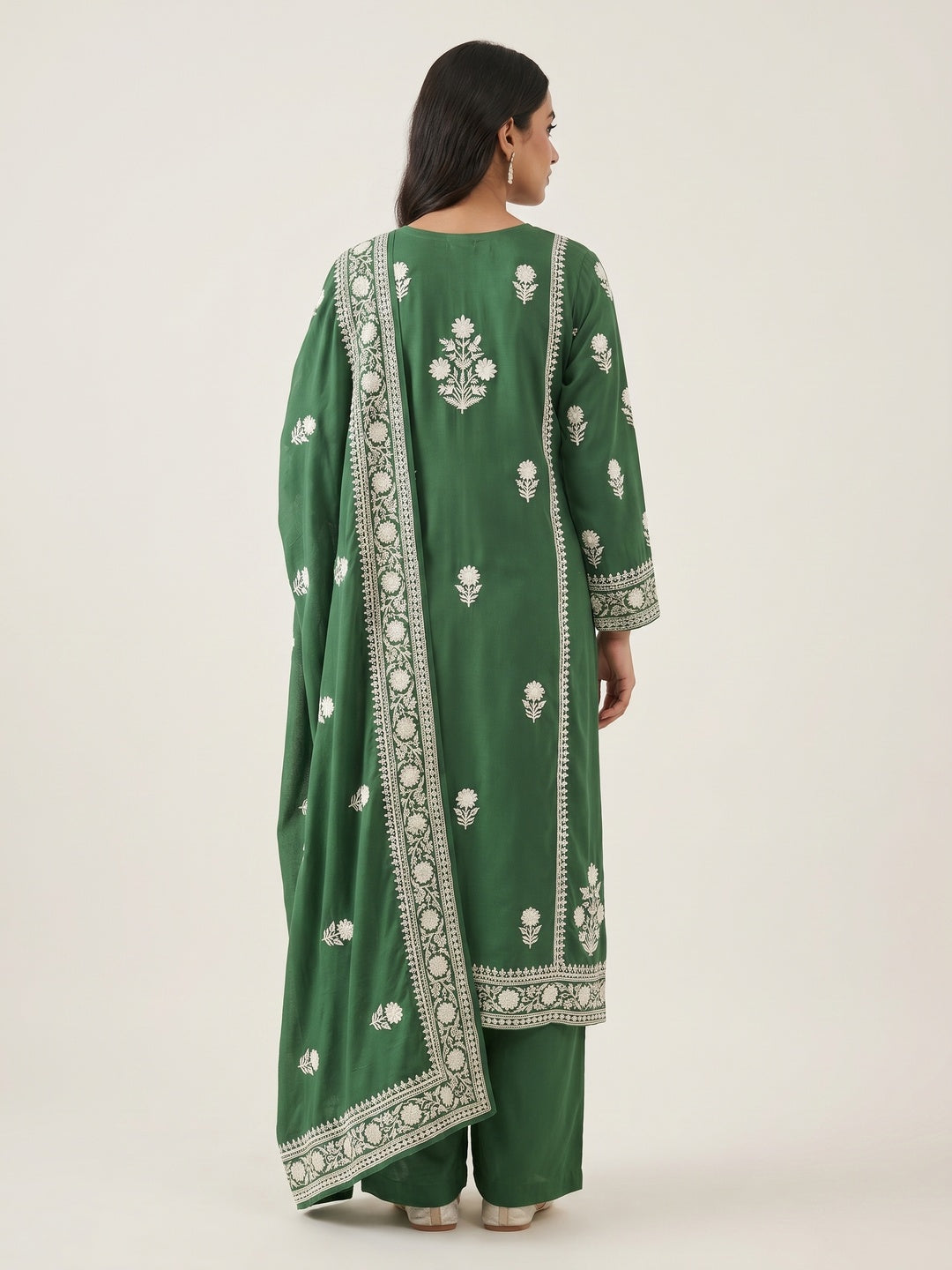 Green Floral Embroidered Modal Dress Material - Image 3