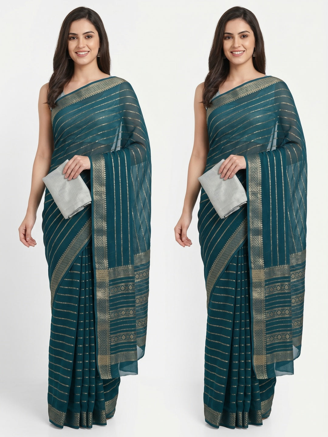 Morpich Zari Woven Georgette Saree - Image 1