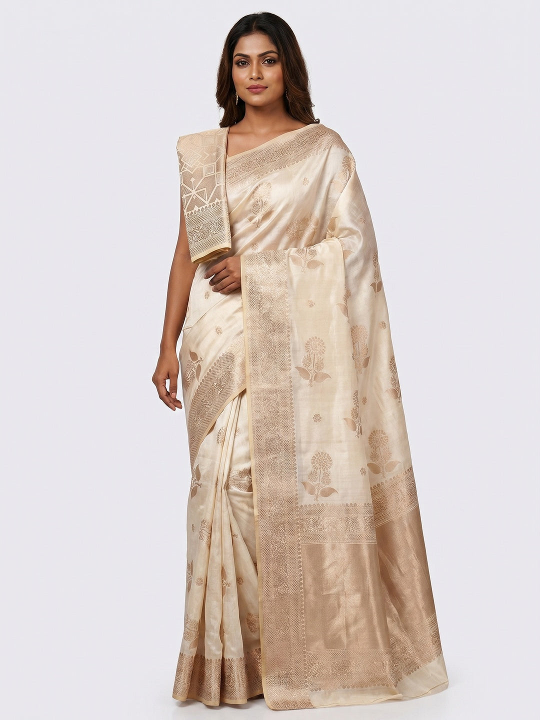 Off White Off White Floral Woven Raw Silk Saree - Image 1
