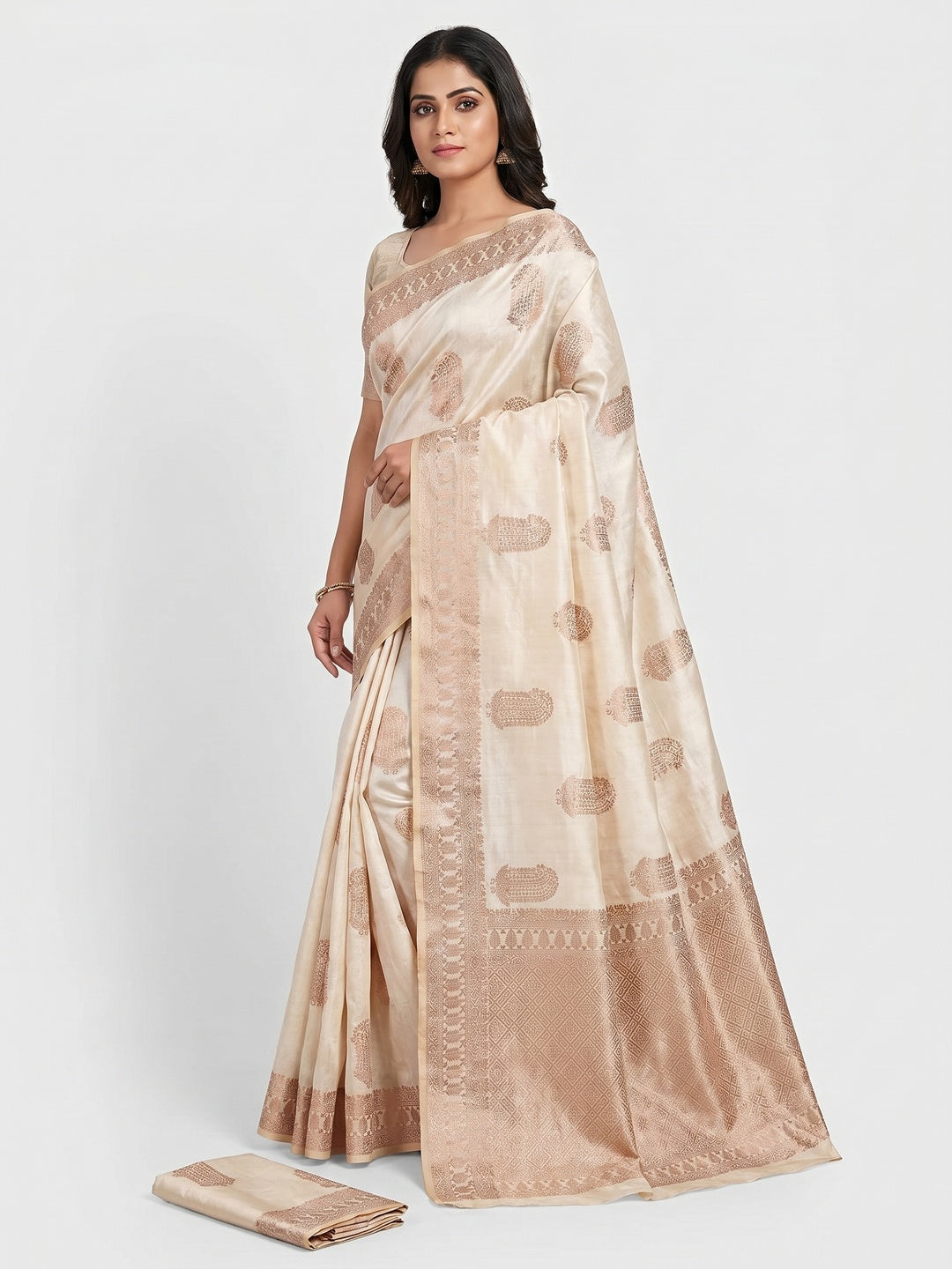 Off White Off White Floral Woven Raw Silk Saree - Image 1