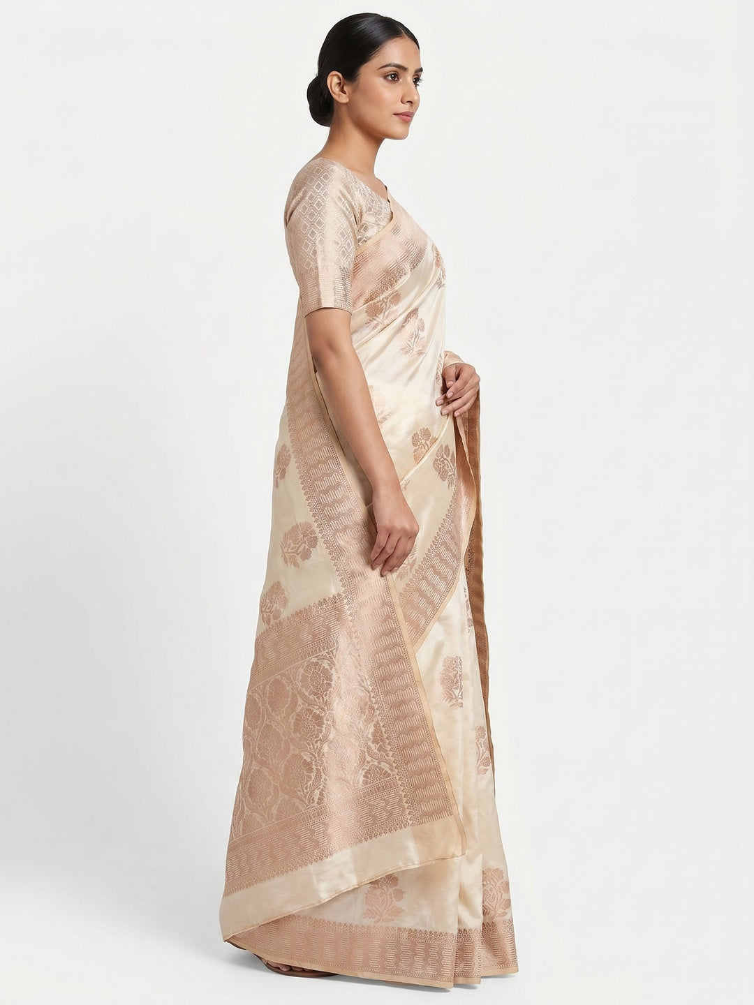 Off White Off White Floral Woven Raw Silk Saree - Image 3