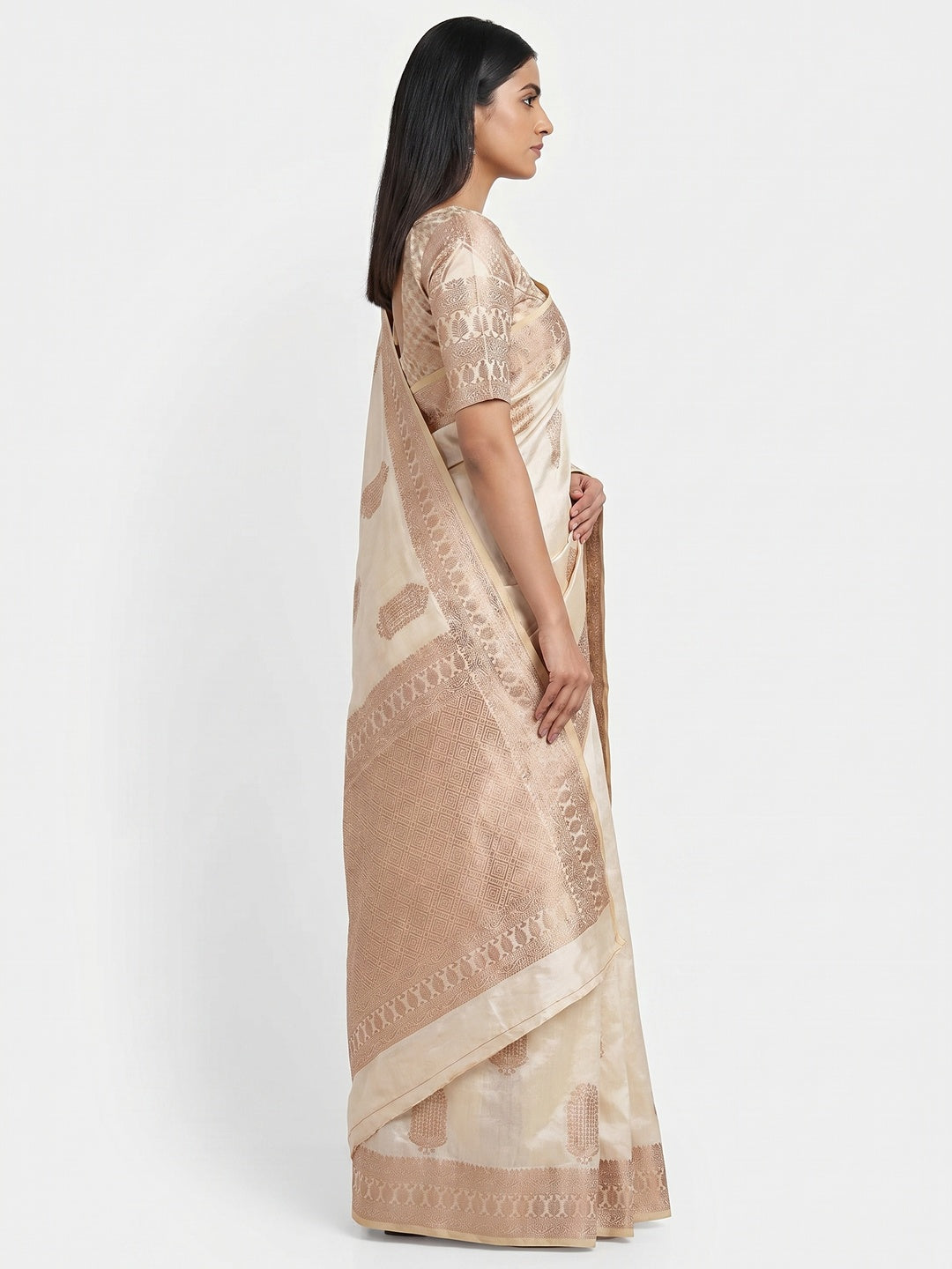 Off White Off White Floral Woven Raw Silk Saree - Image 3