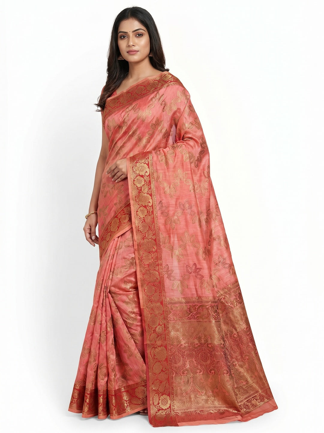 Gajari Pink Floral Woven Art Sill Saree - Image 1