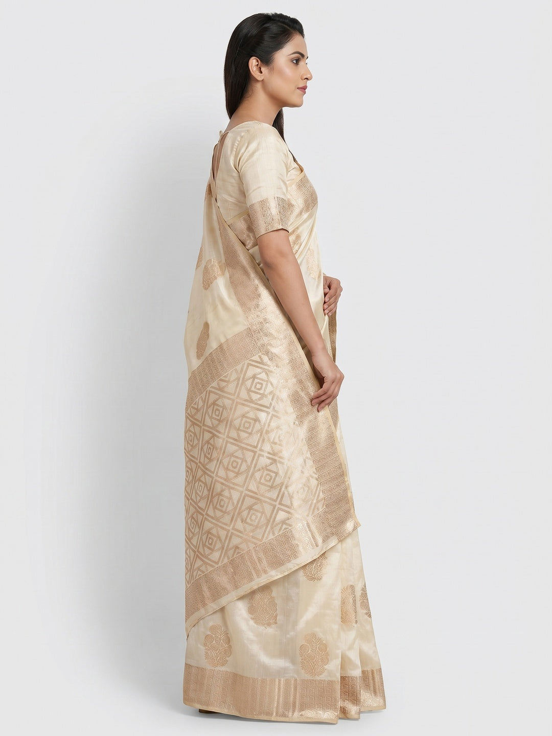 Off White Off White Floral Woven Raw Silk Saree - Image 1