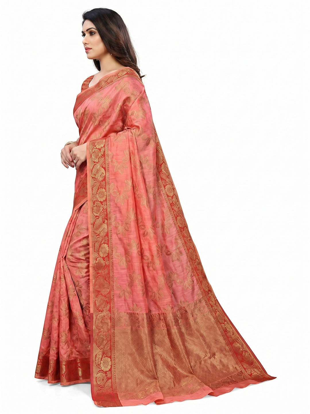 Gajari Pink Floral Woven Art Sill Saree - Image 2
