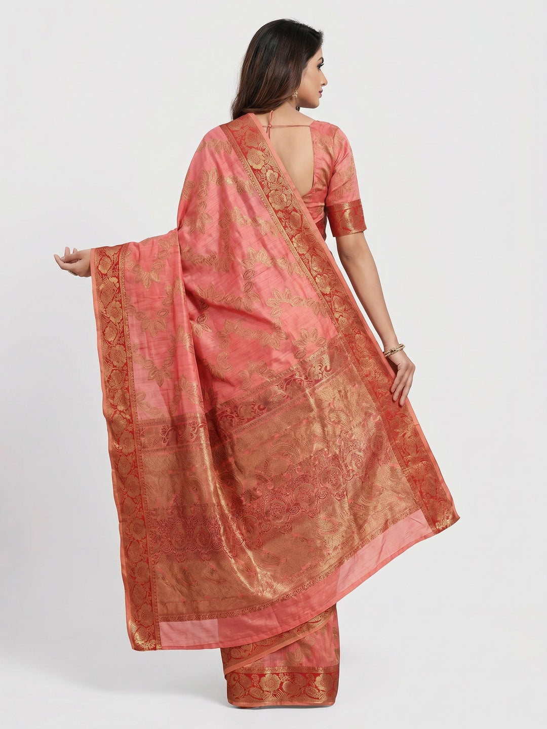 Gajari Pink Floral Woven Art Sill Saree - Image 3
