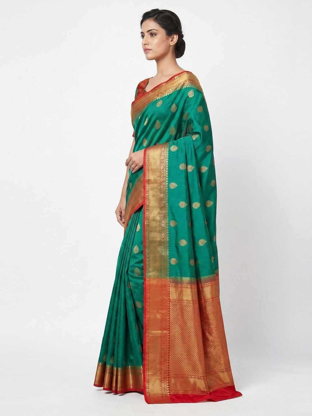 Rama Green Floral Woven Art Sill Saree - Image 3