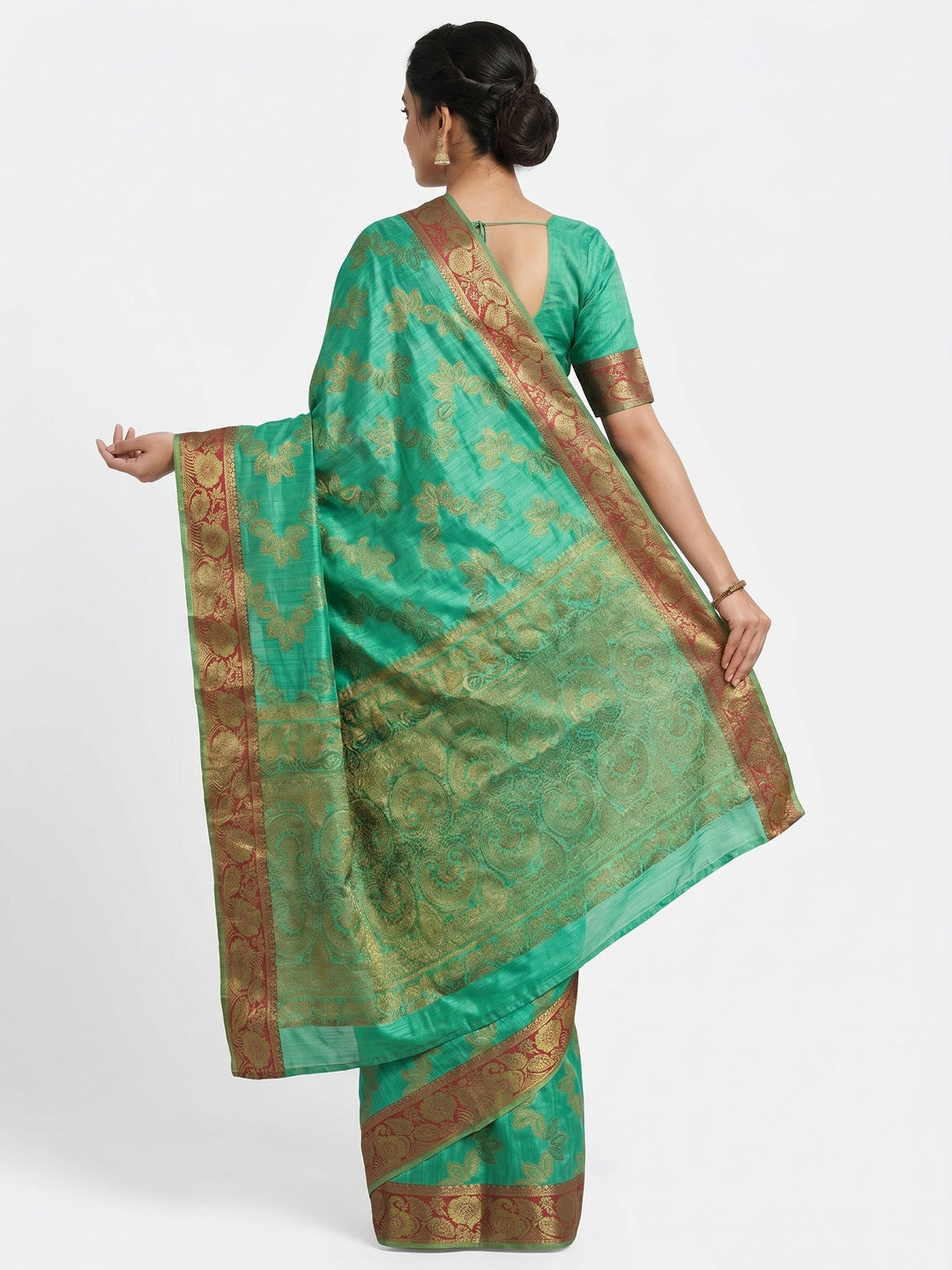 Rama Green Floral Woven Art Sill Saree - Image 2