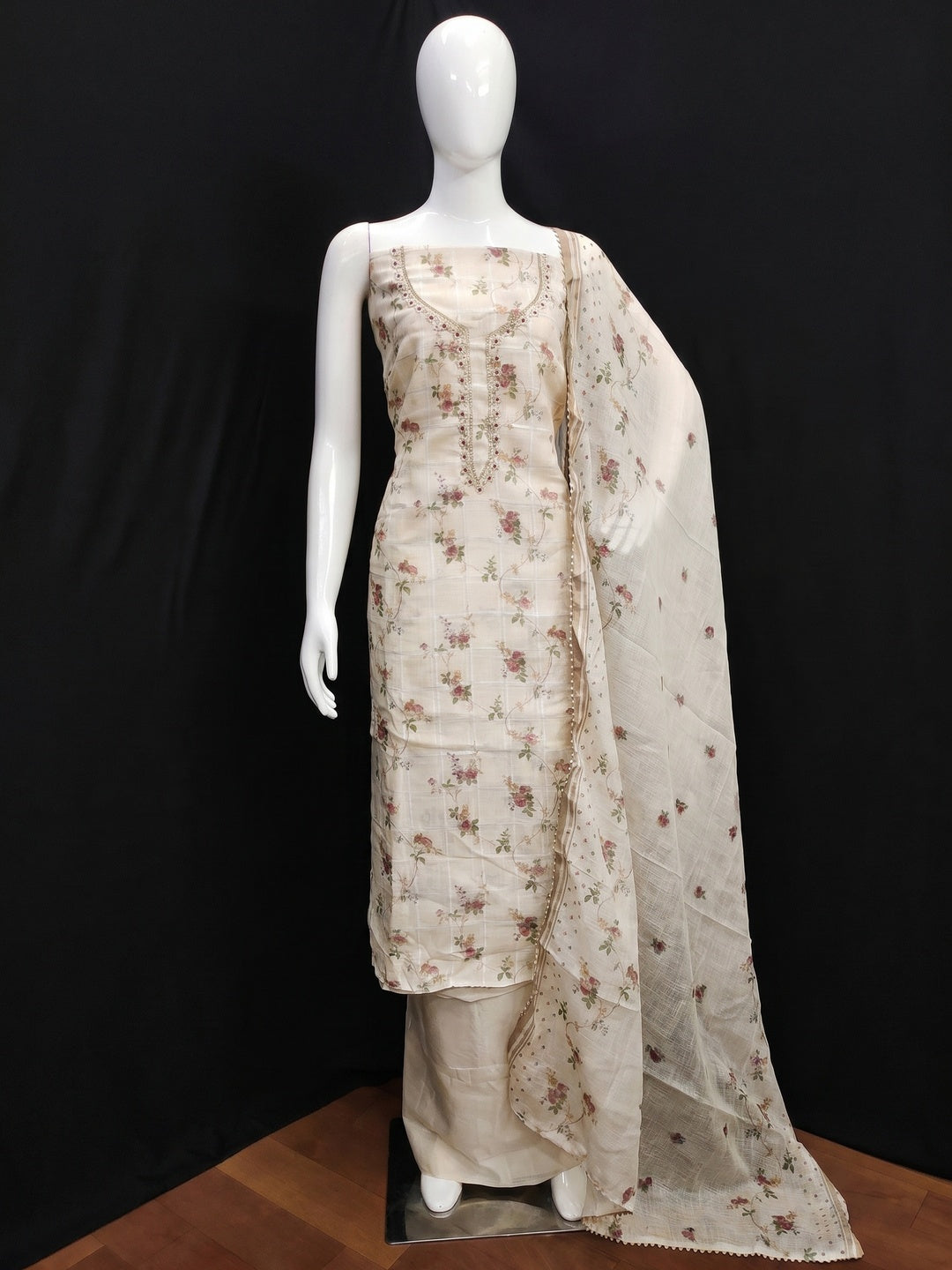 Cream Floral Printed Linen Dress Material - Image 1