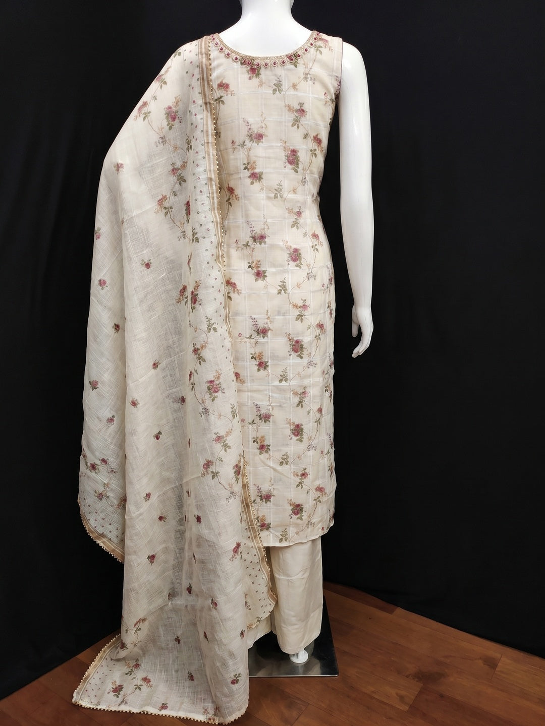 Cream Floral Printed Linen Dress Material - Image 2