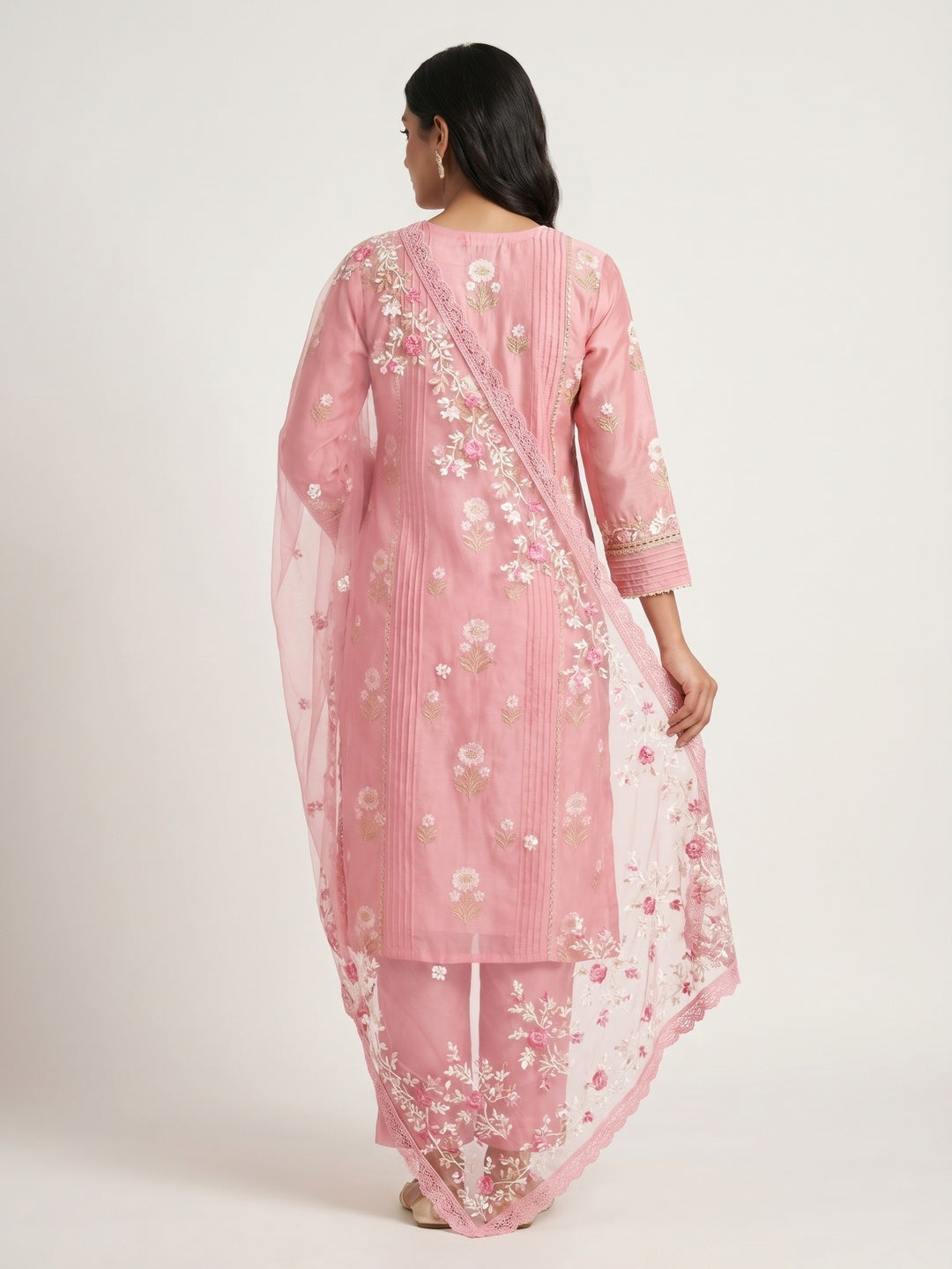 Pink Floral Embroidered Chanderi Dress Material - Image 2