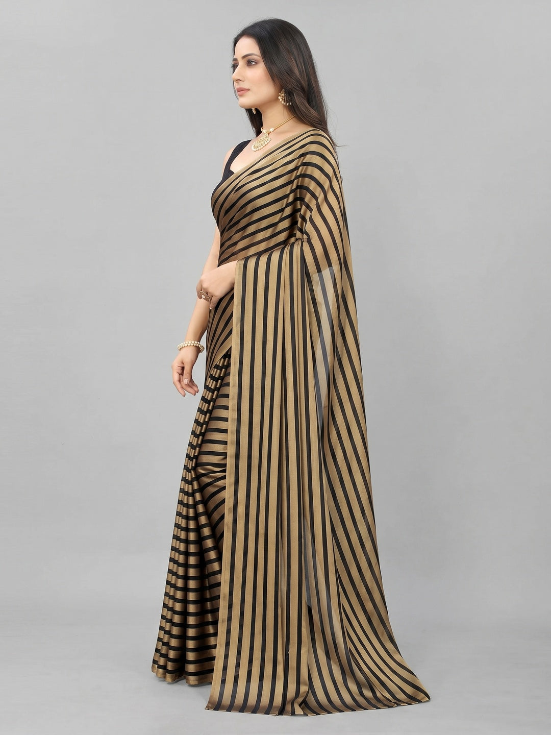 Gold Striped Printed Art Silk Saree - Image 1