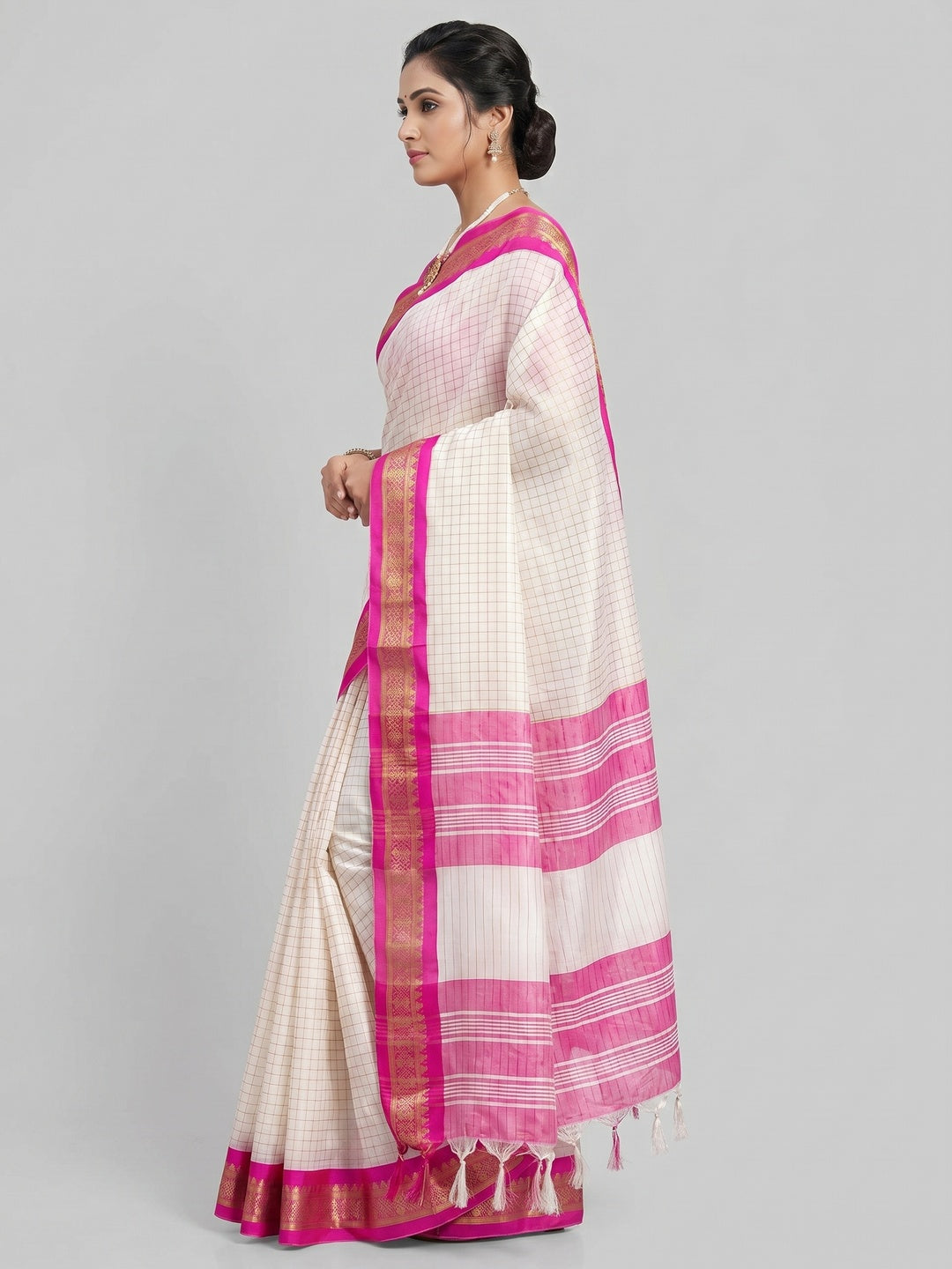 White & Pink Checks With Woven Border Cotton Silk Saree - Image 3