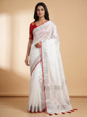White Solid Chanderi Saree With Tassels - Image 1