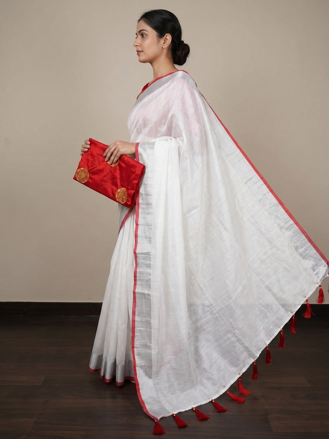 White Solid Chanderi Saree With Tassels - Image 3