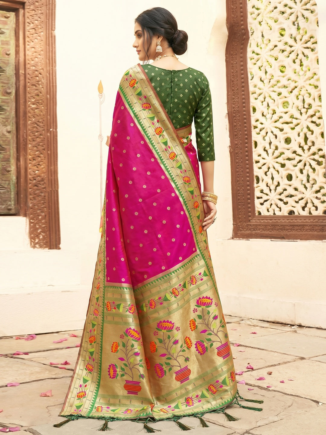 Rani Pink Floral Woven Banarasi Silk Saree With Tassels - Image 1