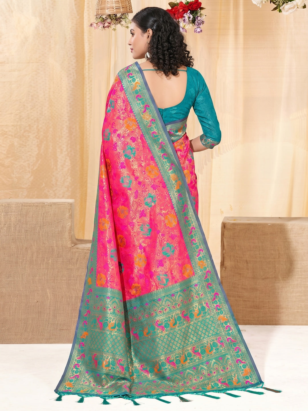 Pink Floral Woven Kanjivaram Silk Saree With Tassels - Image 1