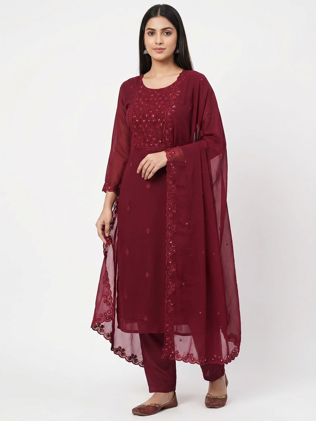 Maroon Floral Embroidered Georgette Dress Material - Image 1