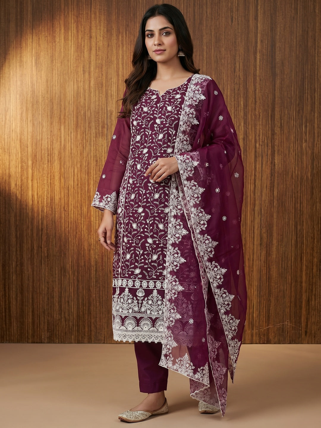 Wine Floral Embroidered Organza Dress Material - Image 1
