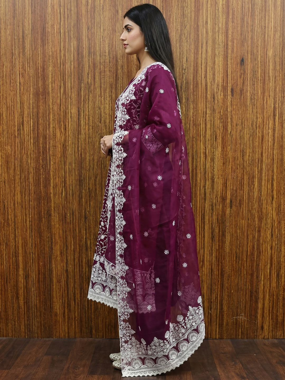Wine Floral Embroidered Organza Dress Material - Image 3