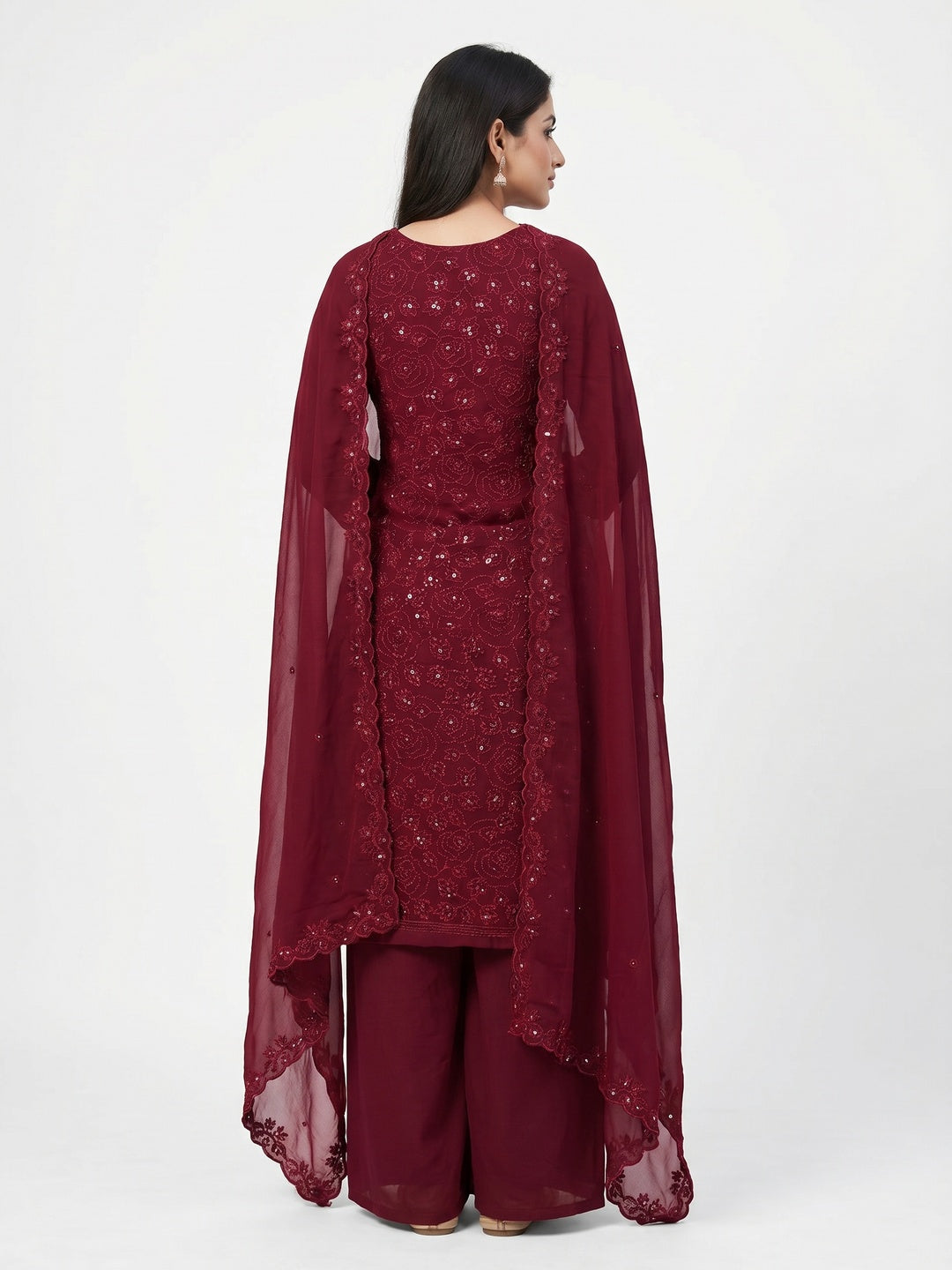 Maroon Floral Embroidered Georgette Dress Material - Image 3