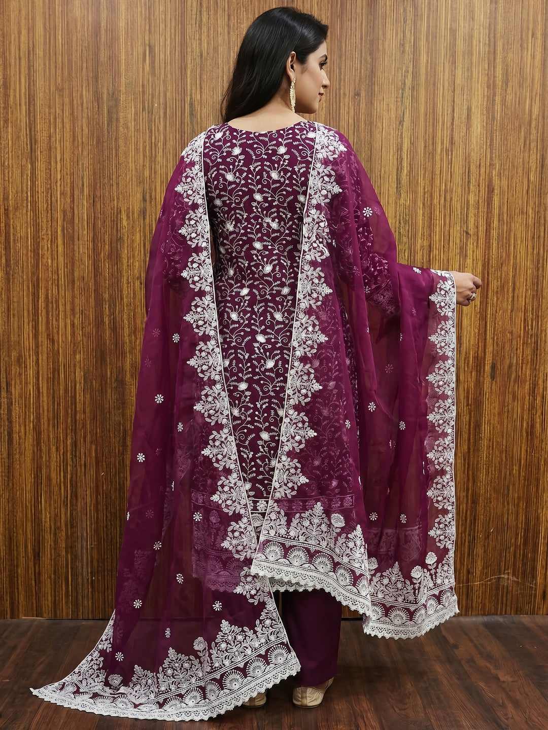 Wine Floral Embroidered Organza Dress Material - Image 2