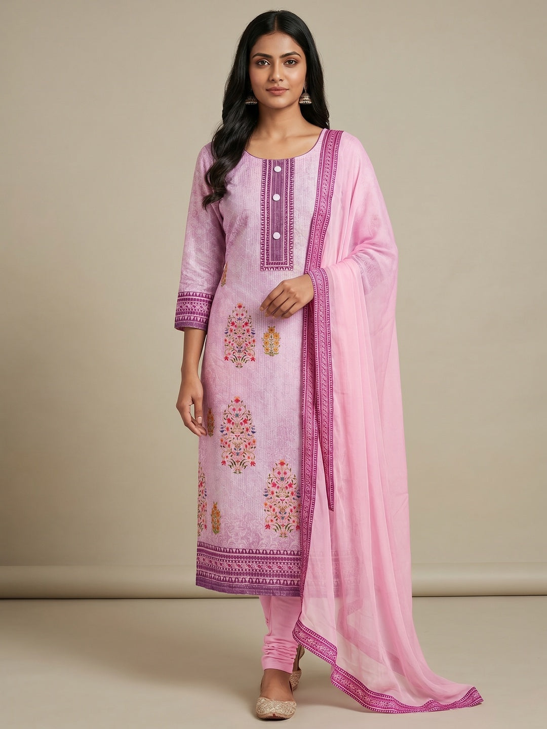 Pink Floral Printed Cotton Silk Dress Material - Image 1