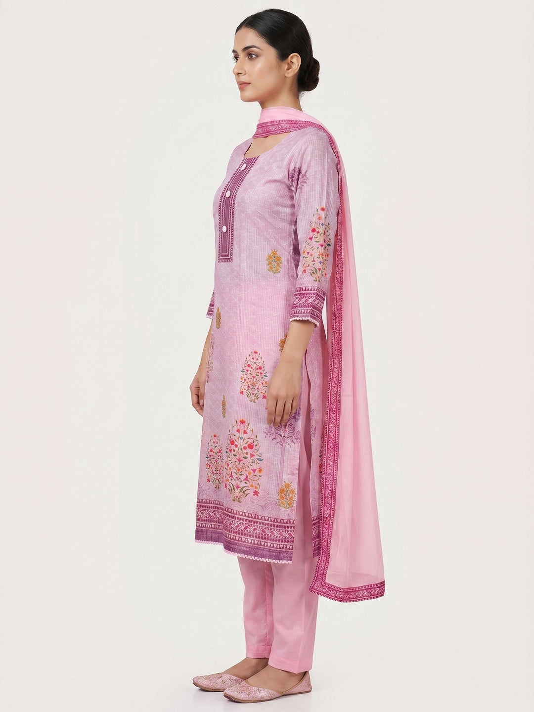 Pink Floral Printed Cotton Silk Dress Material - Image 3