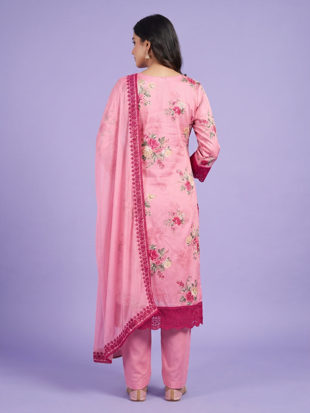 Pink Floral Printed Cotton Silk Dress Material - Image 2