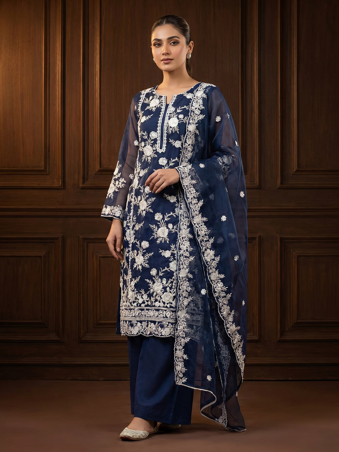 Nitisha NX Blue Organza Dress Material with Exquisite White Embroidery - Image 1