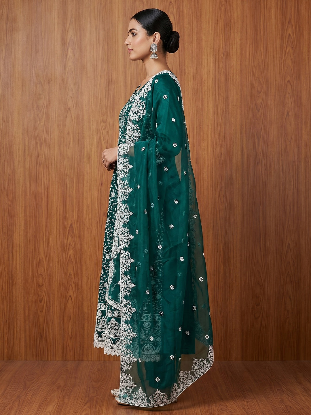 Nitisha NX Green Organza Embroidered Unstitched Dress Material - Image 3