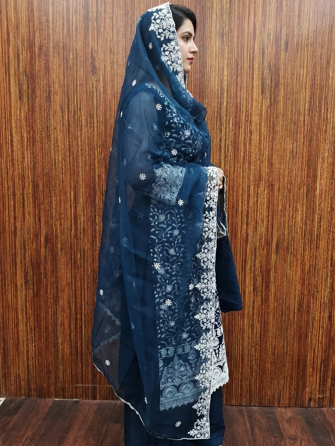 Nitisha NX Blue Organza Dress Material with Exquisite White Embroidery - Image 2