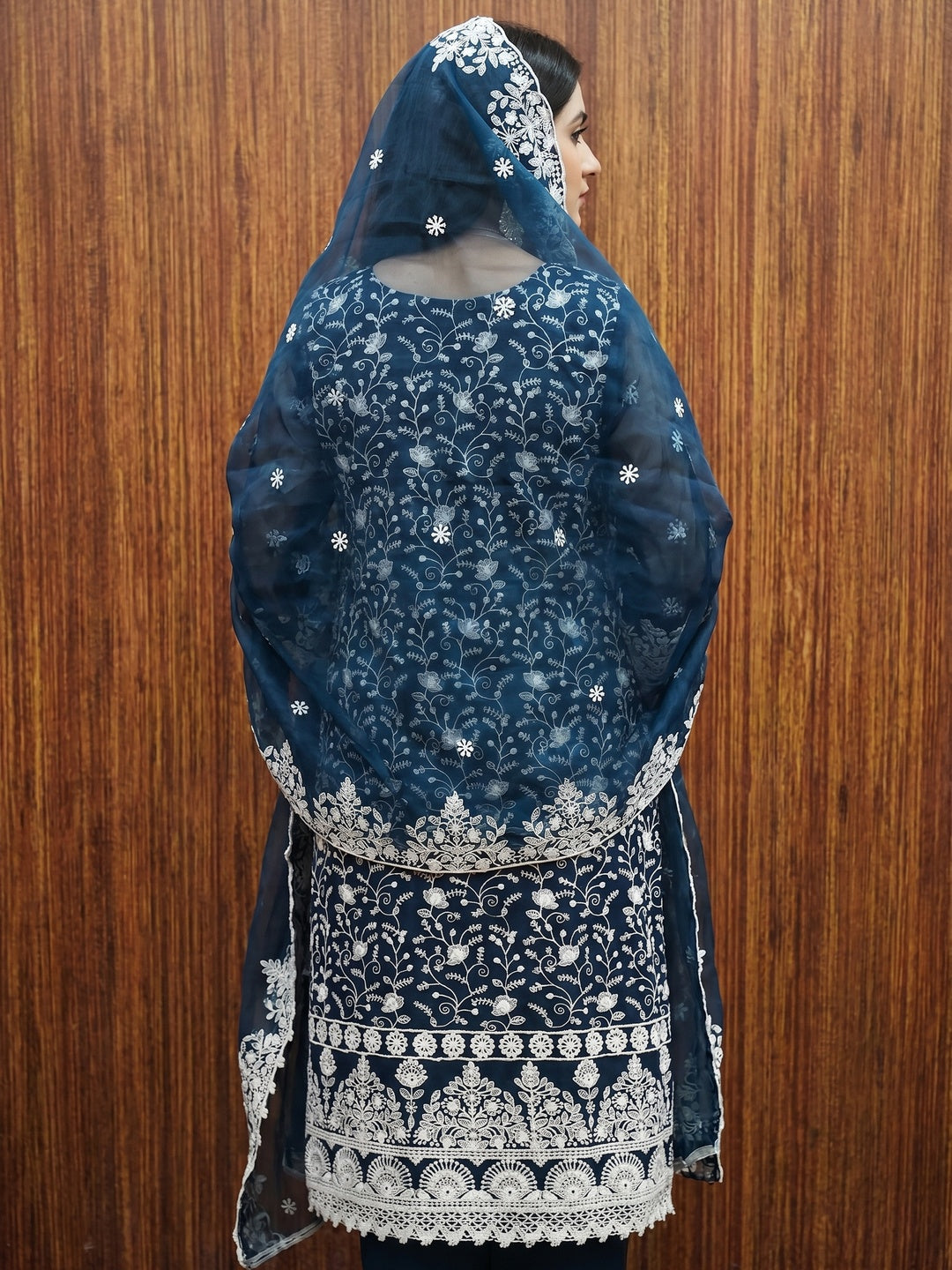 Nitisha NX Blue Organza Dress Material with Exquisite White Embroidery - Image 3