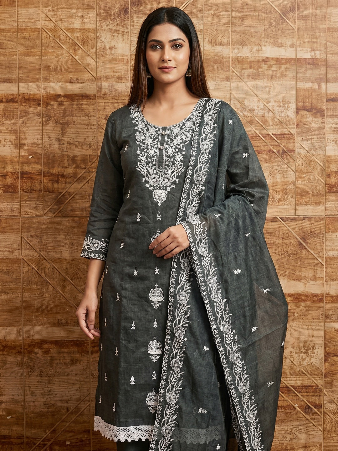 Nitisha NX Grey Chanderi Embroidered Unstitched Dress Material - Image 1
