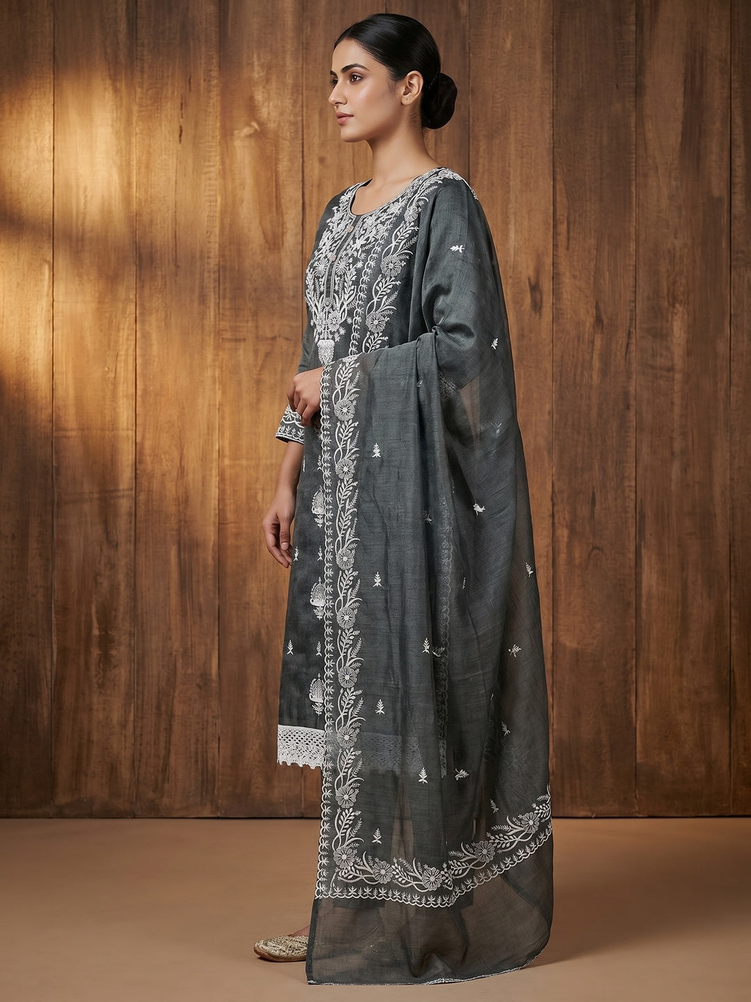 Nitisha NX Grey Chanderi Embroidered Unstitched Dress Material - Image 2