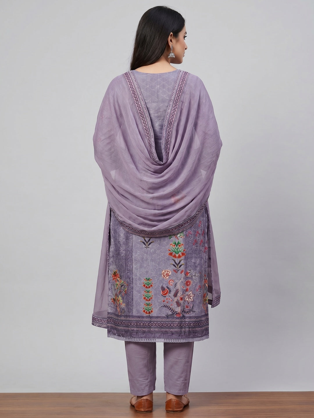 Purple Floral Printed Cotton Silk Dress Material - Image 2