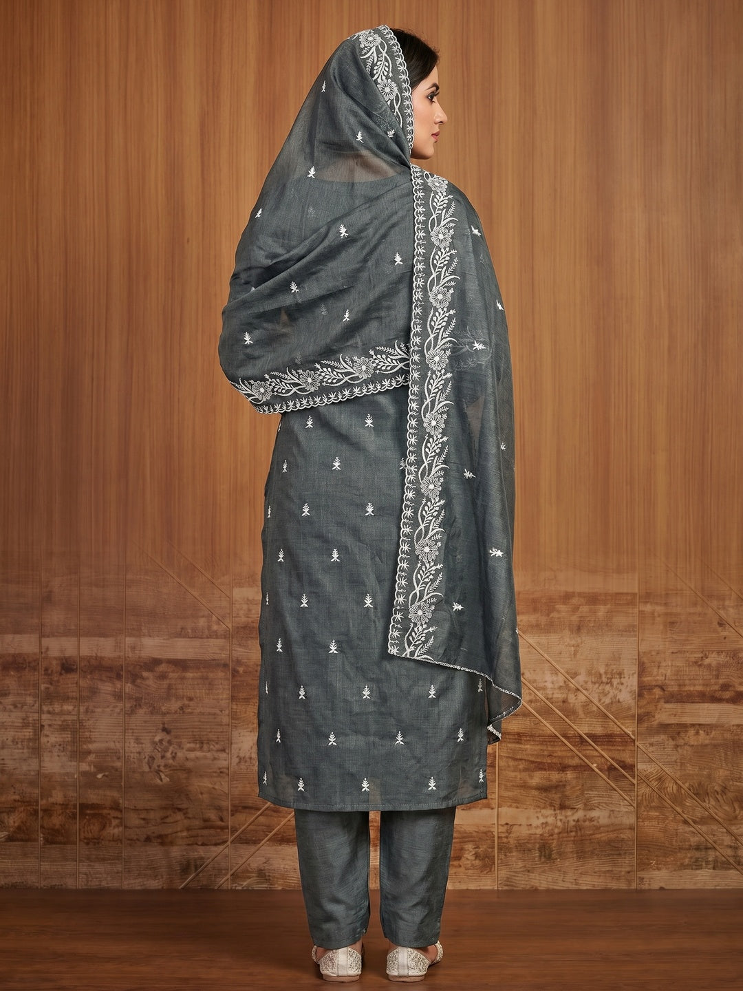Nitisha NX Grey Chanderi Embroidered Unstitched Dress Material - Image 3