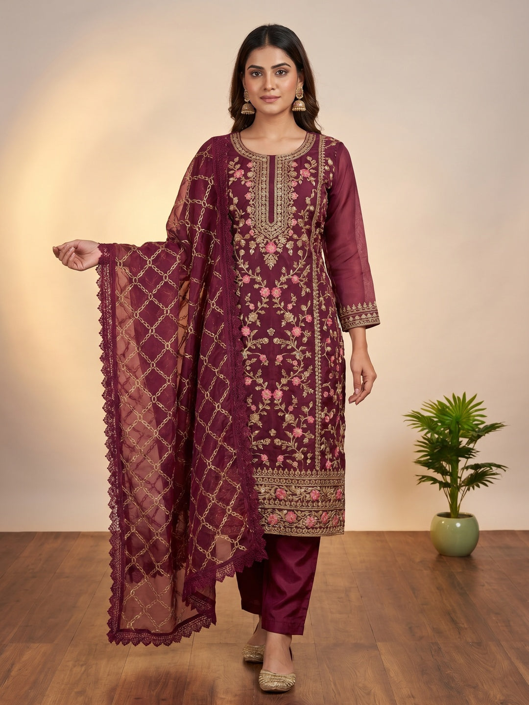 Elegant Wine Organza Dress Material with Intricate Embroidery - Image 1