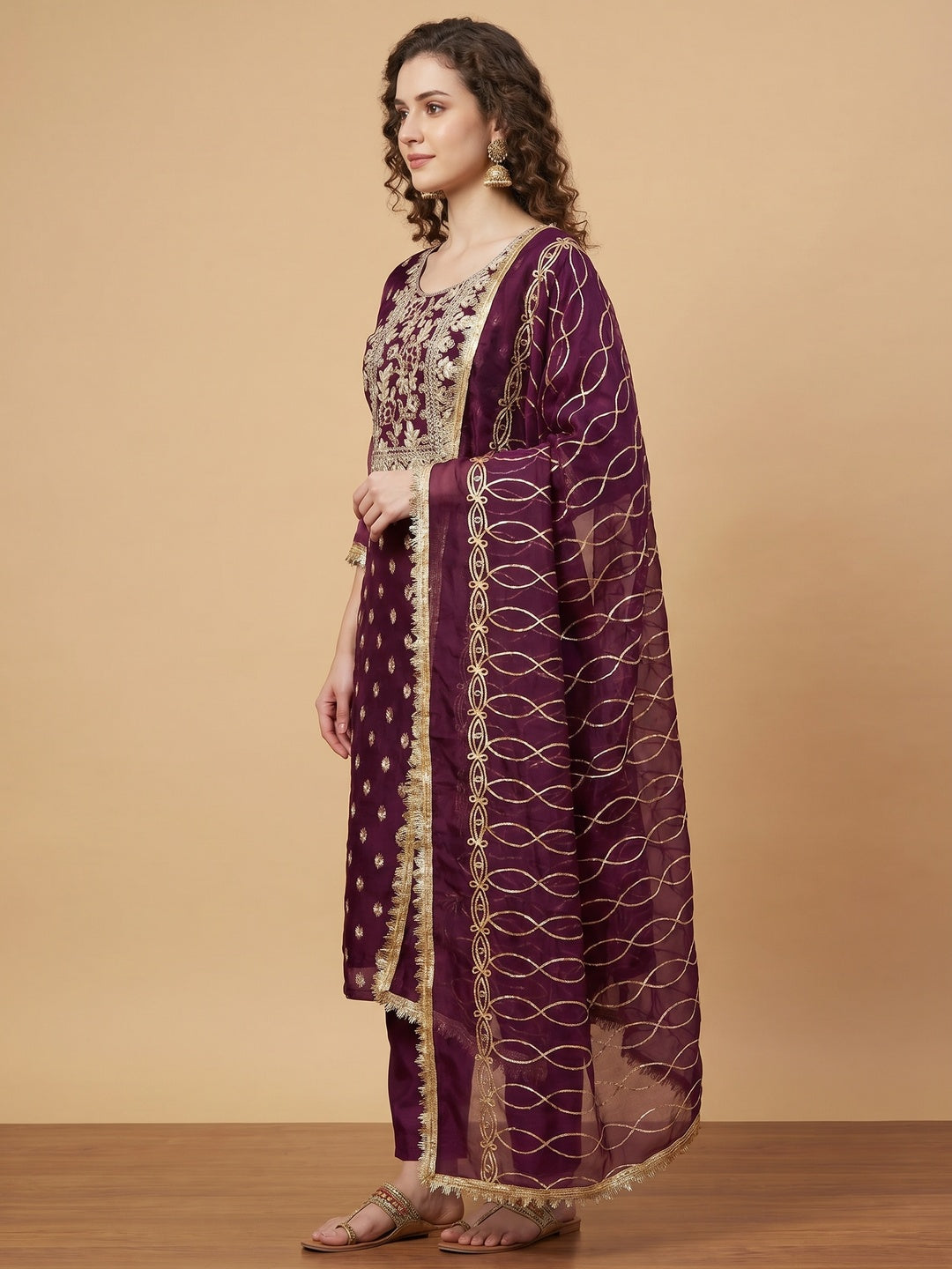 Elegant Wine Organza Dress Material with Intricate Embroidery - Image 3
