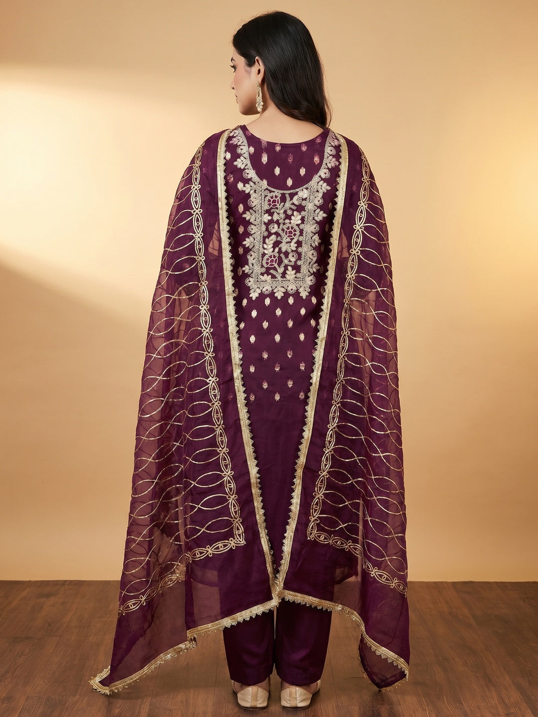 Elegant Wine Organza Dress Material with Intricate Embroidery - Image 2
