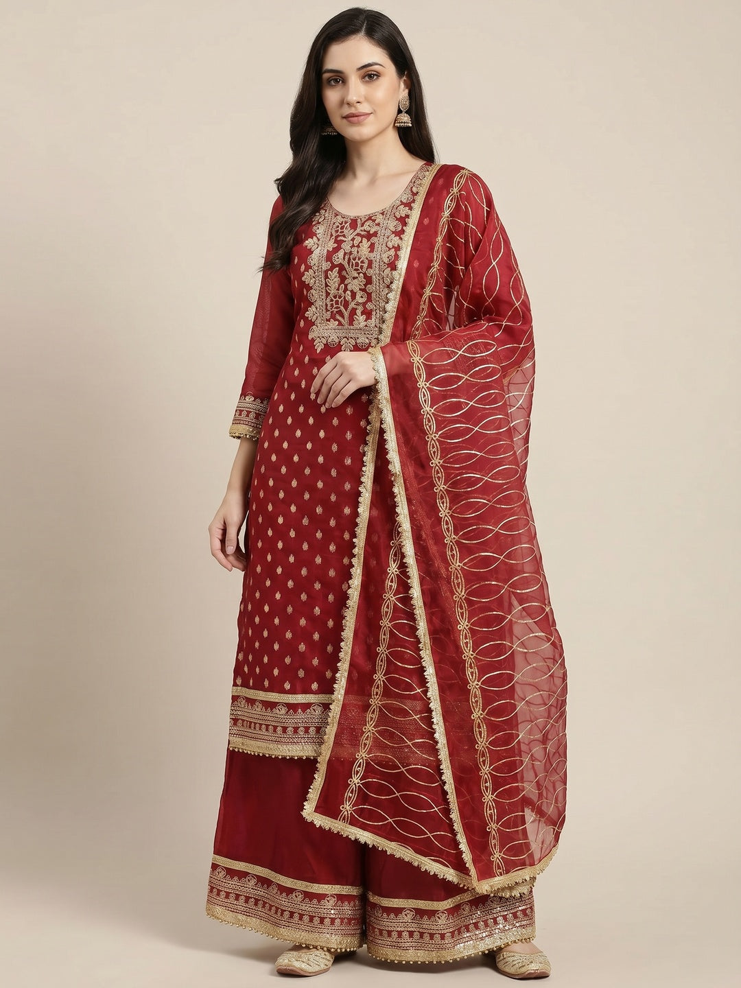Red Floral Woven Organza Dress Material - Image 1