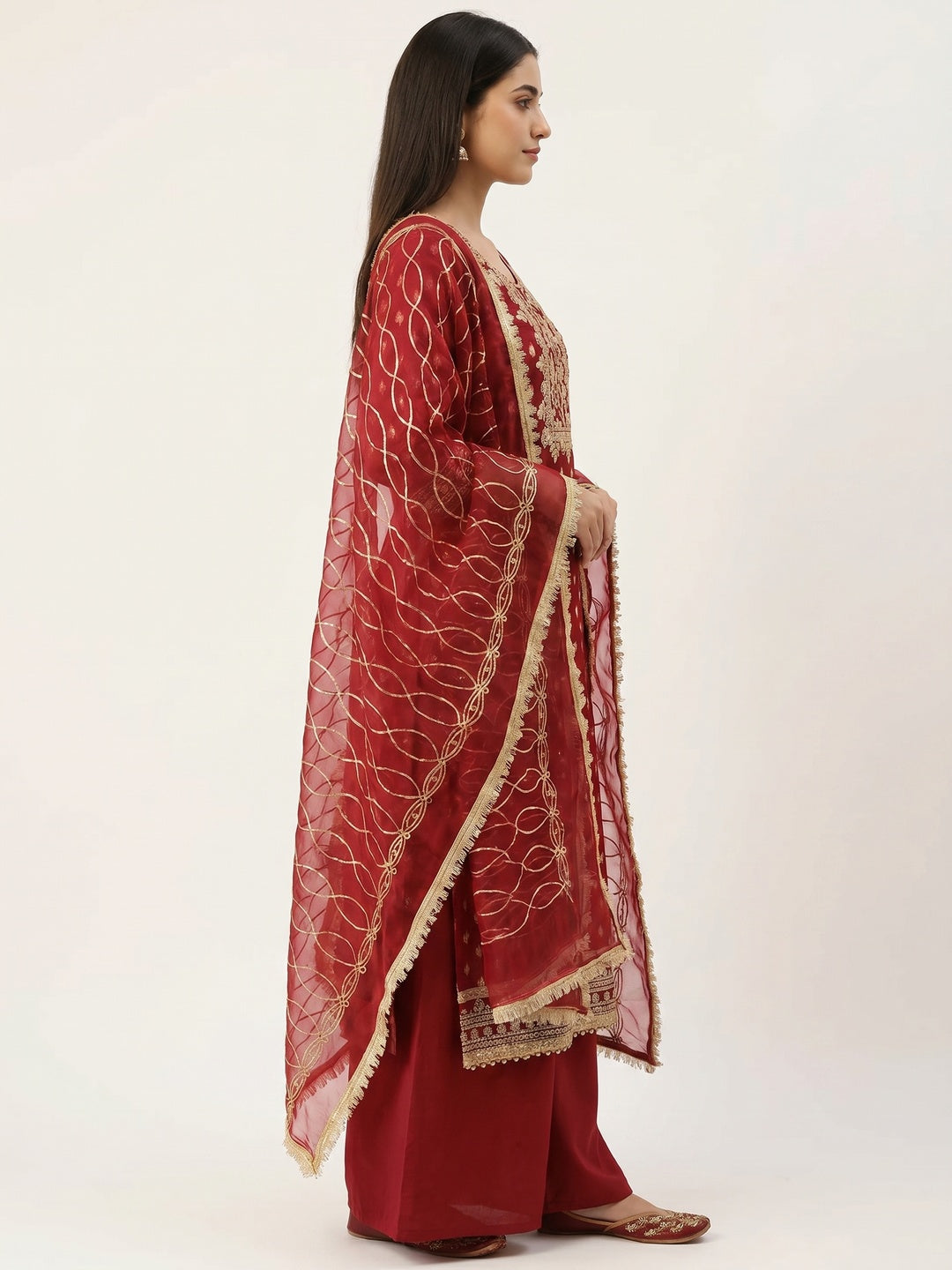Red Floral Woven Organza Dress Material - Image 3